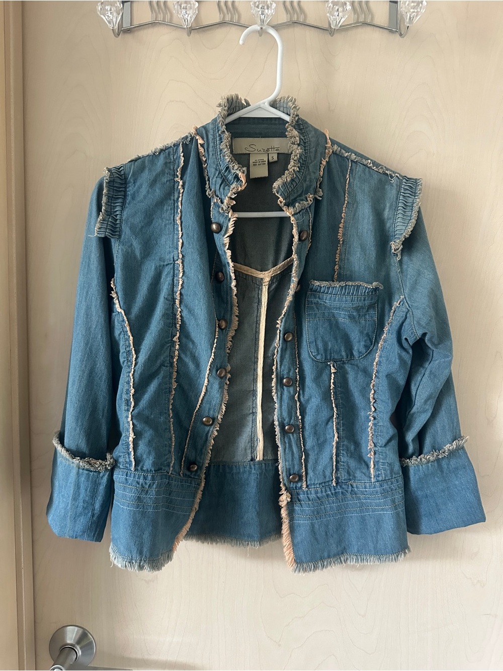 Y2K Boho Frayed Denim Moto Jacket Suzette Distressed Raw Trim Military Jean S